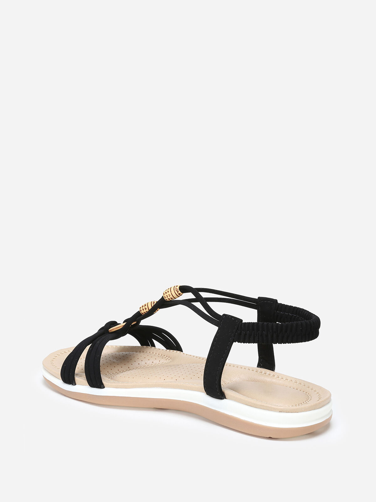 Sandales à fines brides et perles effet bois- Noir