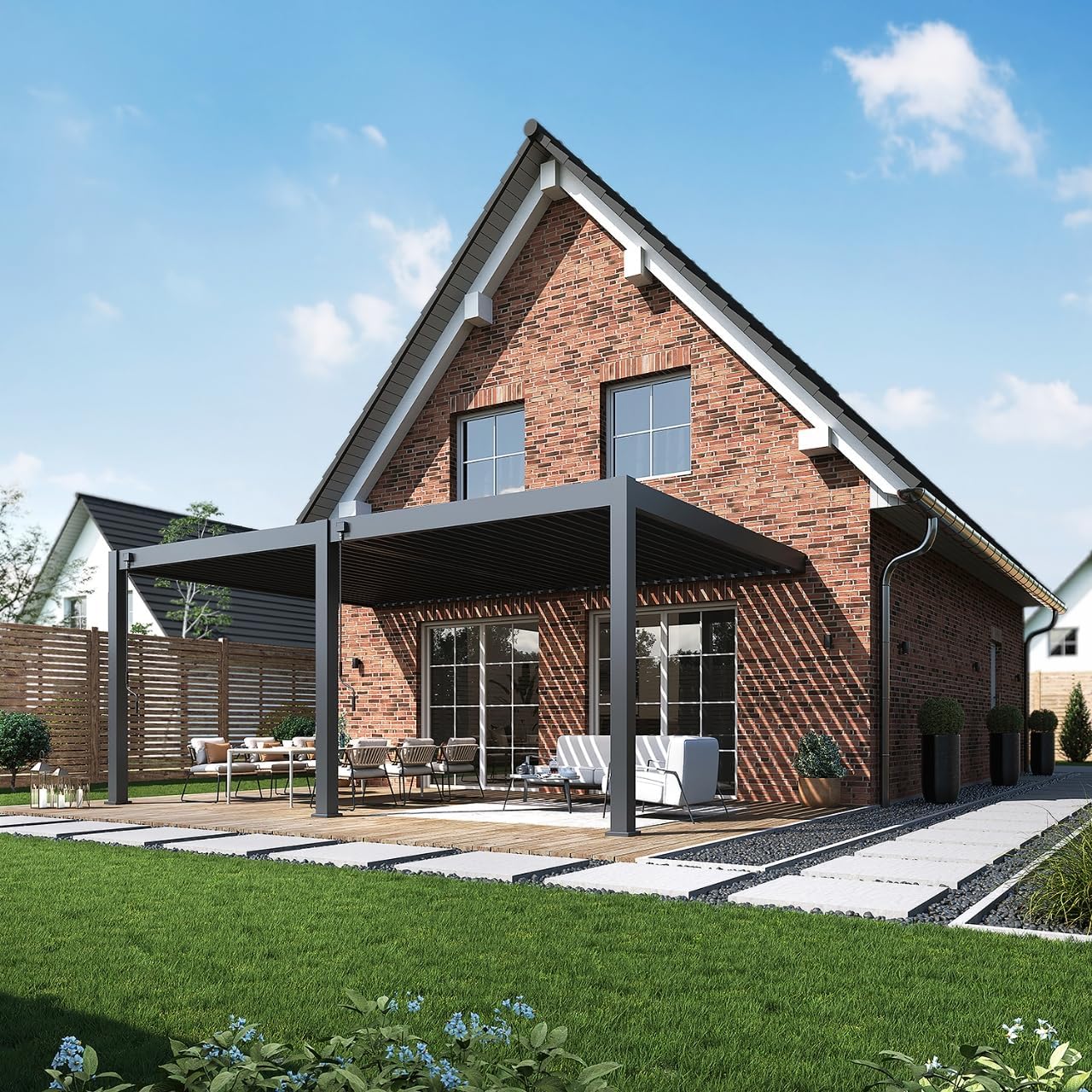 Pavillon Pergola 4x6m Terassenüberdachung mit Lamellendach verstellbar Gartenpavillon Hardtop wasserdicht stabil Winterfest Voll-Aluminium Grillpavillon Weide Deluxe Plus Wall Anthrazit
