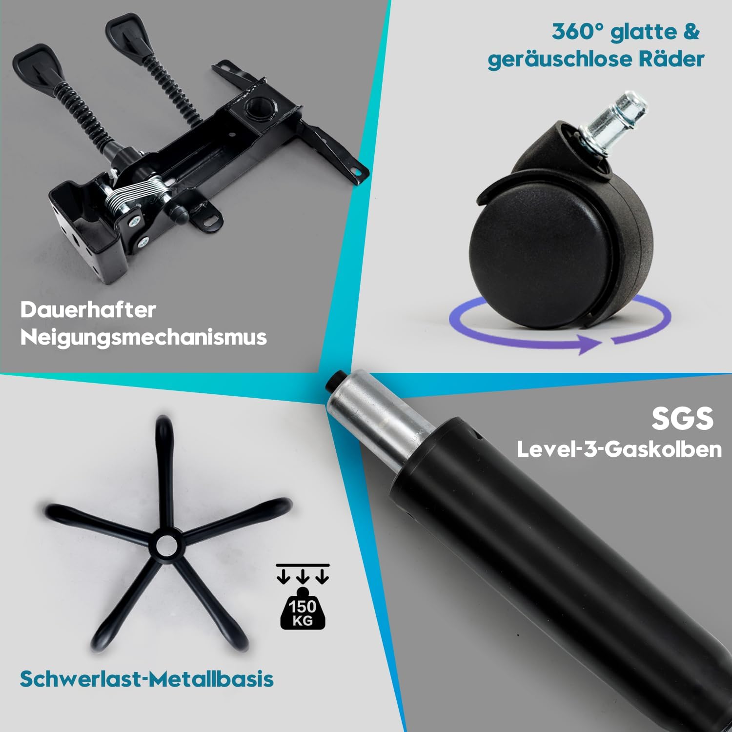 Ergonomischer Bürostuhl mit Liegefunktion, Fußstütze, 90°-135° Neigbar Schreibtischstuhl, Synchronisierte Armlehnen, Belastbar bis 150kg, Hochlehner Chefsessel, Breite Sitzfläche, Stoff, Grau