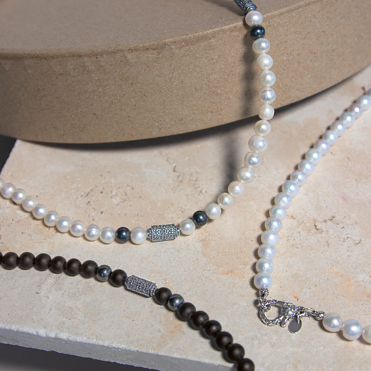 Collier perles obsidiennes noires et perles argent 48cm