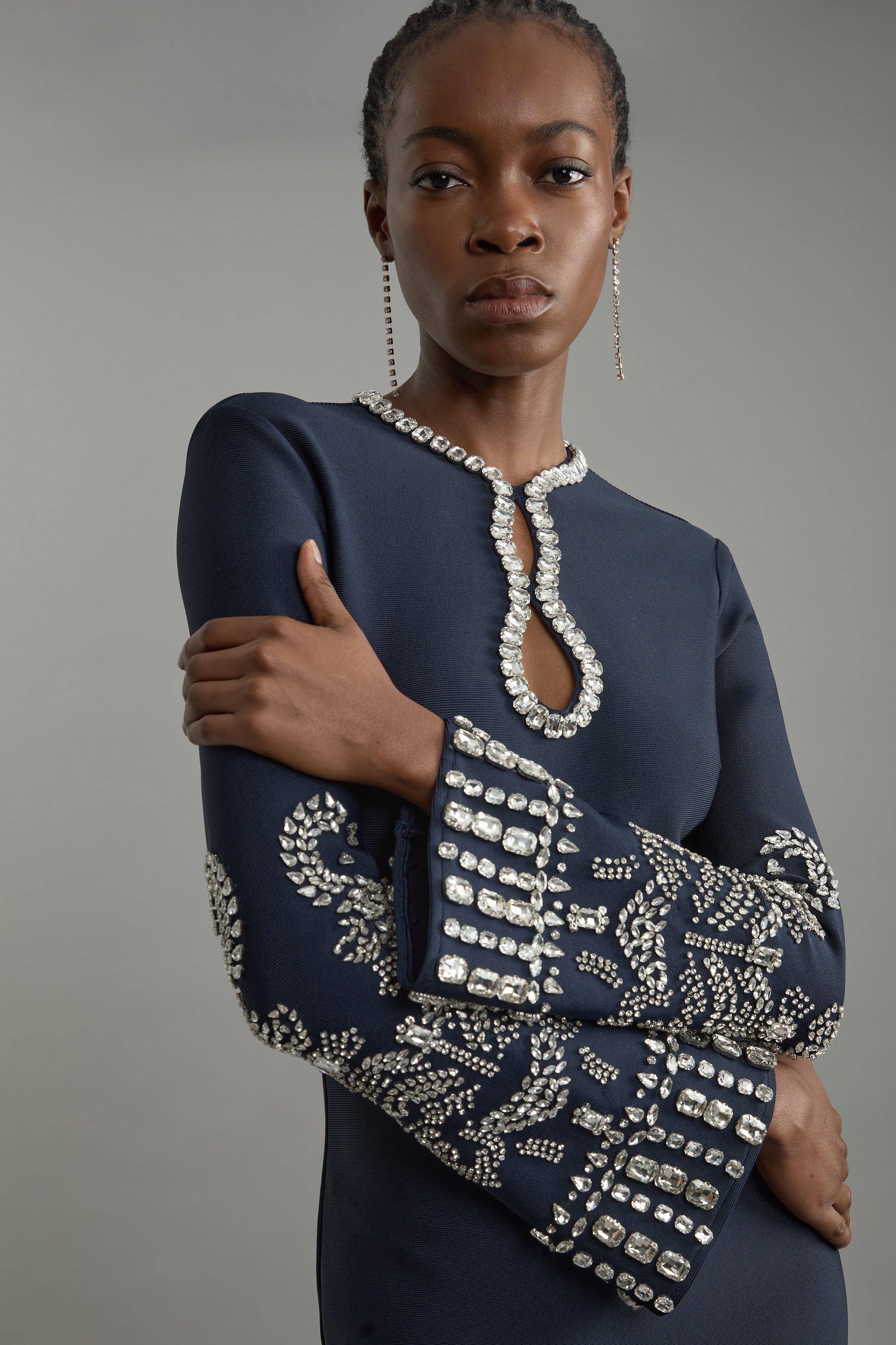 KarenMillen Figure Form Robe Maxi à Manches Larges en Tricot Bandage Embellie