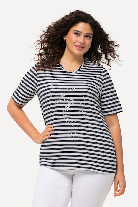 Shirt, Ringel, Metallic-Tier, V-Ausschnitt, Halbarm