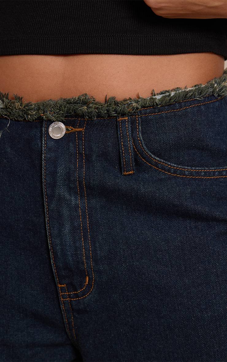 Bleu Indigo Jean Taille Haute Droit Taille Bord Effiloché Coupe Basse