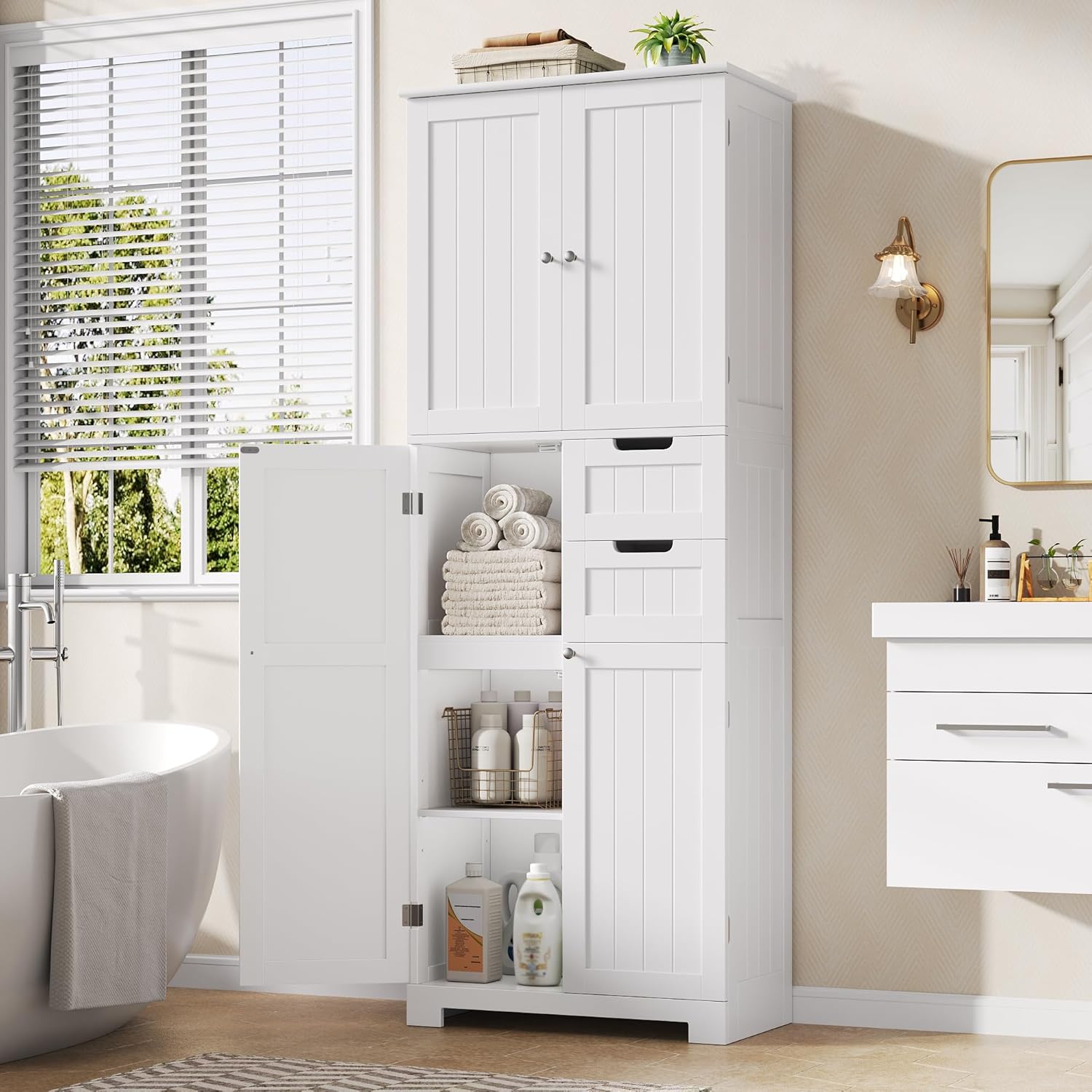 HOCSOK Badezimmerschrank Hoch, Badschrank Hochschrank mit 4 Türen und 2 Schubladen, Küchenschrank Hoch für Wohnzimmer Küche Esszimmer Büro, 164.5X 60x30cm, Weiß