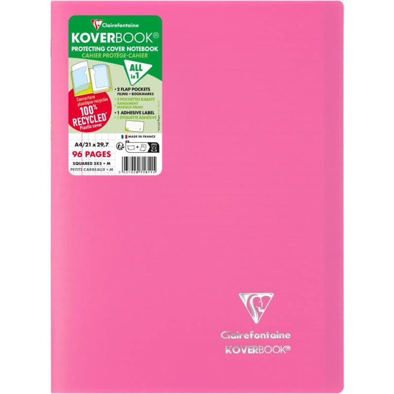 Cahier piqué Koverbook A4 96 pages petits carreaux couverture polypropylène opaque 100% recyclé - Assortis