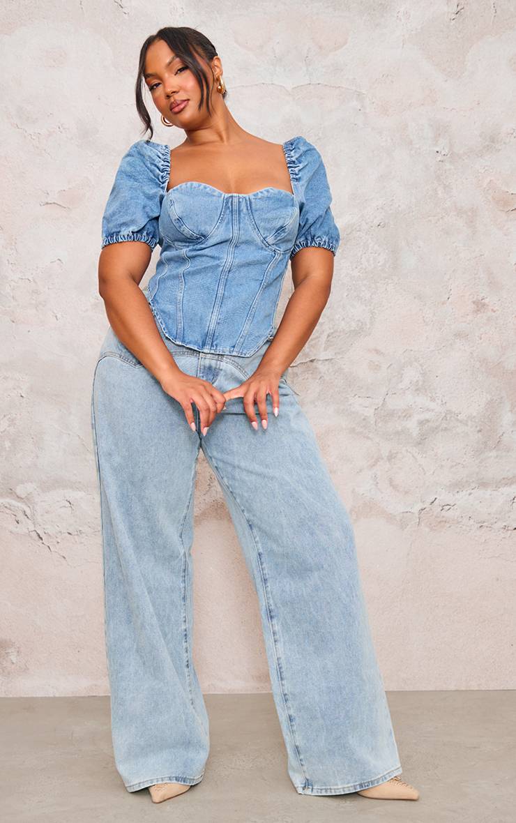 Mid Blue Wash Top Corset En Denim À Manches Bouffantes Grande Taille