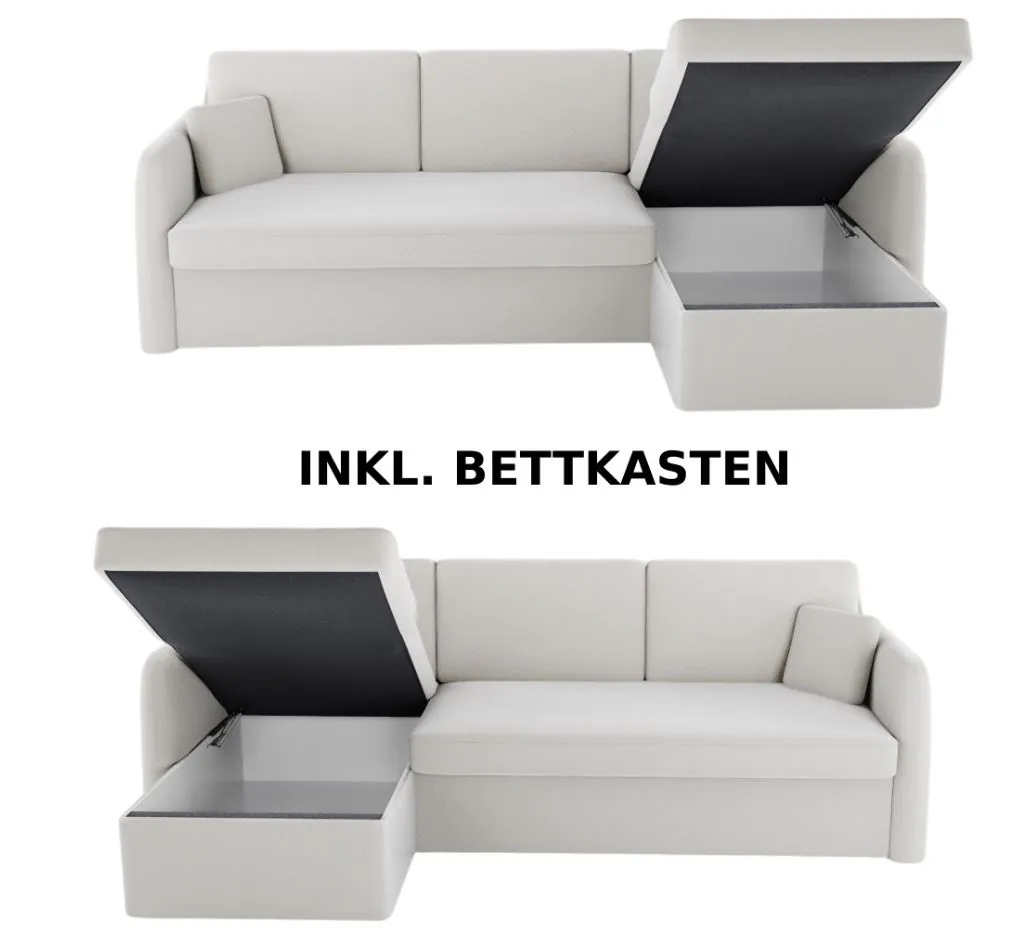 M-Punkt Ecksofa NICE Abriamo Boucle Ecru Hell mit Bettfunktion und Bettkasten Bett Sofa Schlafsofa Ottomane Universell Rechts oder Links