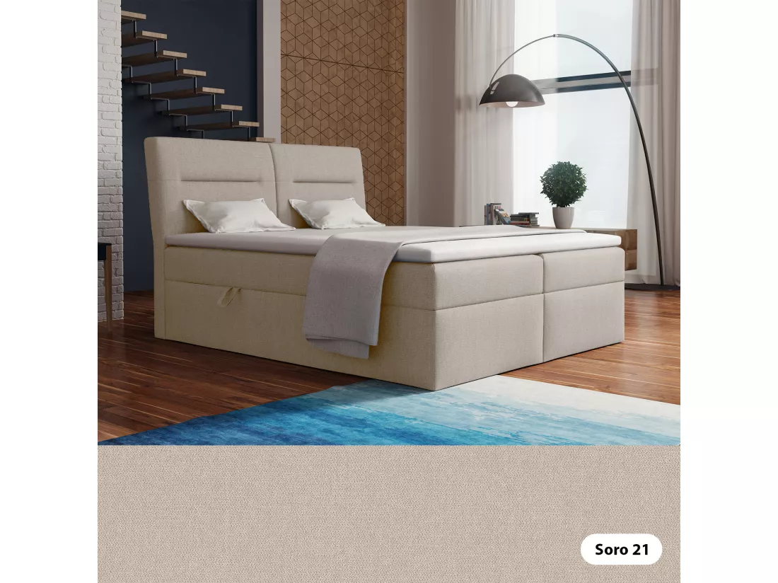 LE LIT BOXSPRING Moderno avec coffres de lit et surmatelas, en tissu Soro 21 (ivoire), 200x200 cm.