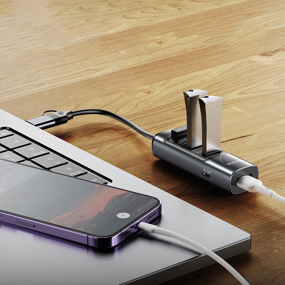 (5 Gbit/s) USB C / USB 3.0 4-fach USB A   USB C (PD/100W) Multiport Adapter Highspeed Aluminium Hub - Grau