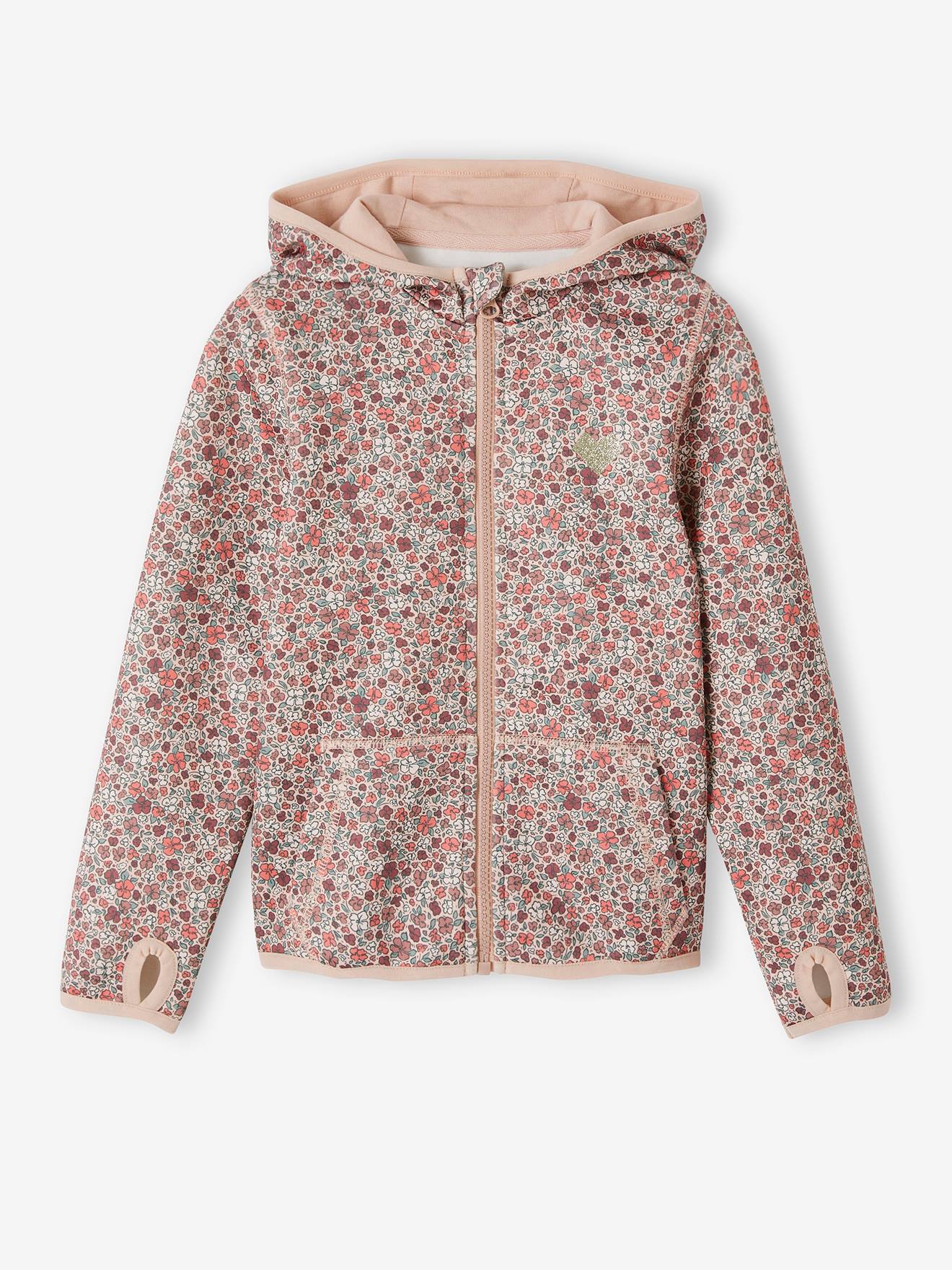 Conjunto de moletom com zíper e estampa floral, confeccionado em tecido técnico rosa estampado.