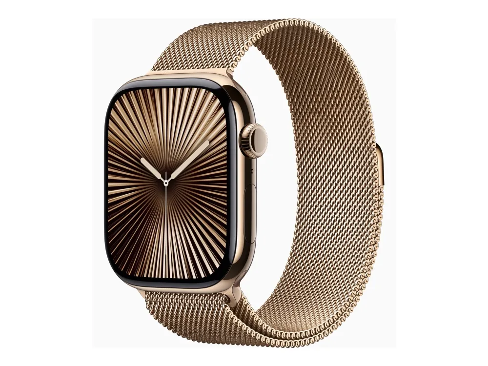 Apple Watch Series 10 (GPS   Cellular) - 46 mm - guld titanium - smart ur med milanesisk løkke - rustfrit stålnet - guld - båndstørrelse: S/M - 64 GB - LTE, Wi-Fi 4, UWB, Bluetooth - 4G - 41.7 g