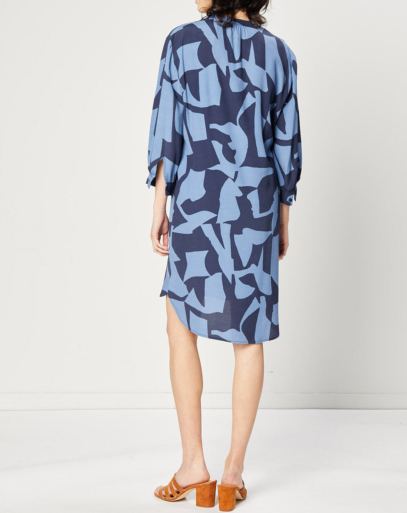 Esprit Robe caftan manches longues Col V bleu/nuit