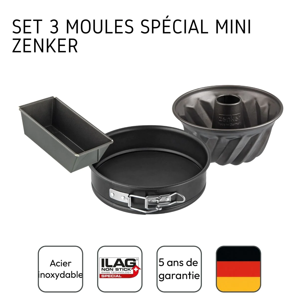 Set de 3 mini moules à cake, charnière et kouglof Spécial Mini Zenker