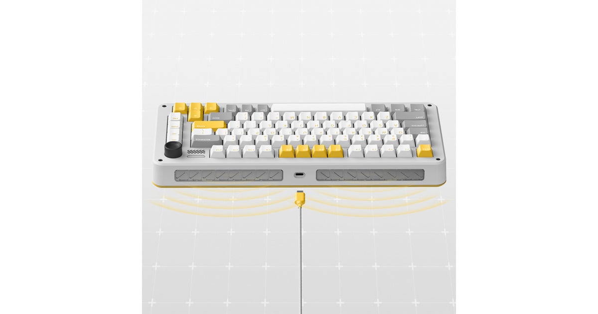 IqunixZX75 Gravity Wave Wireless Mechanical Keyboard, gaming toetsenbord  (Grijs/geel, US lay-out, Gateron Red, RGB leds, 75%, Hot-swappable, Double-shot PBT, 2.4GHz | Bluetooth 5.1 | USB-C)
