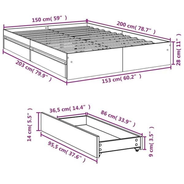 vidaXL Sengeramme med skuffer betonggrå 150x200 cm konstruert tre