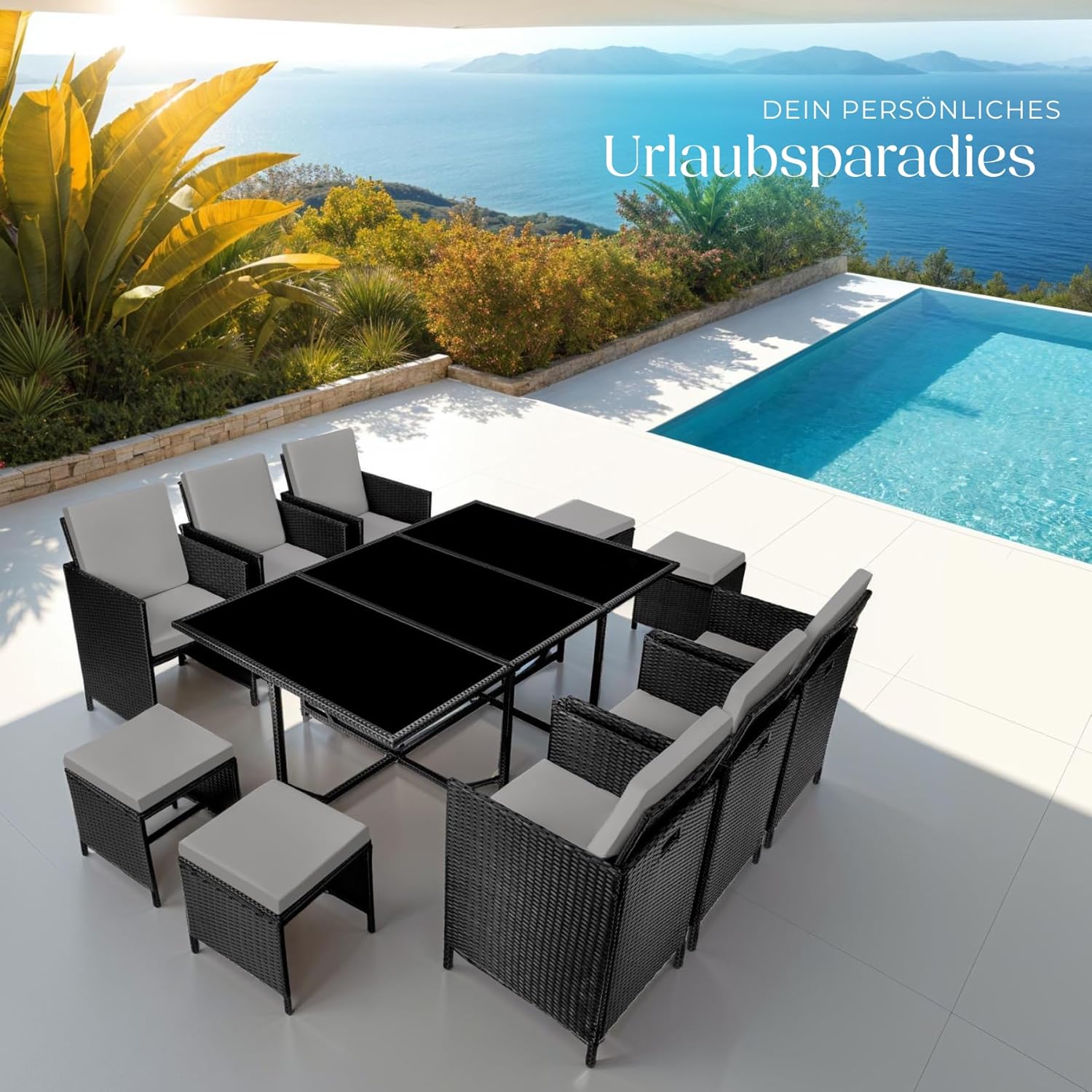 tectake® Outdoor Balkon Gartenmöbel Set, Lounge mit 6 Stühlen, 4 Hocker und 1 Tisch, Poly Rattan Geflecht, wetterfest, platzsparend - schwarz/grau