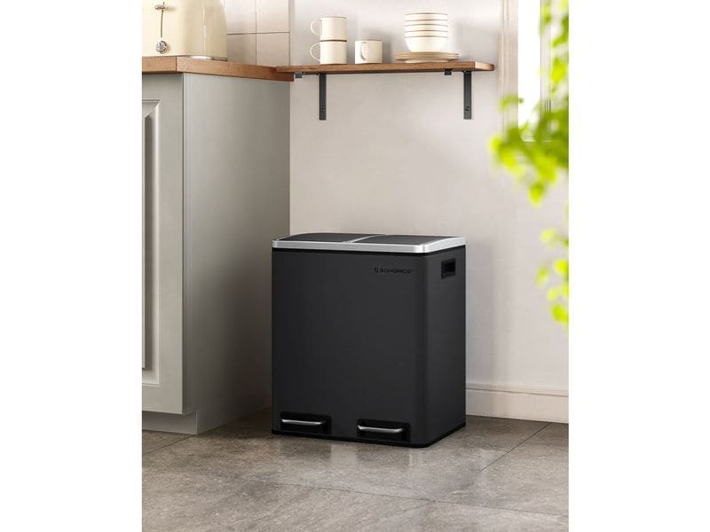 Songmics Abfalleimer 30 l, Schwarz Treteimer mit zwei Fächern