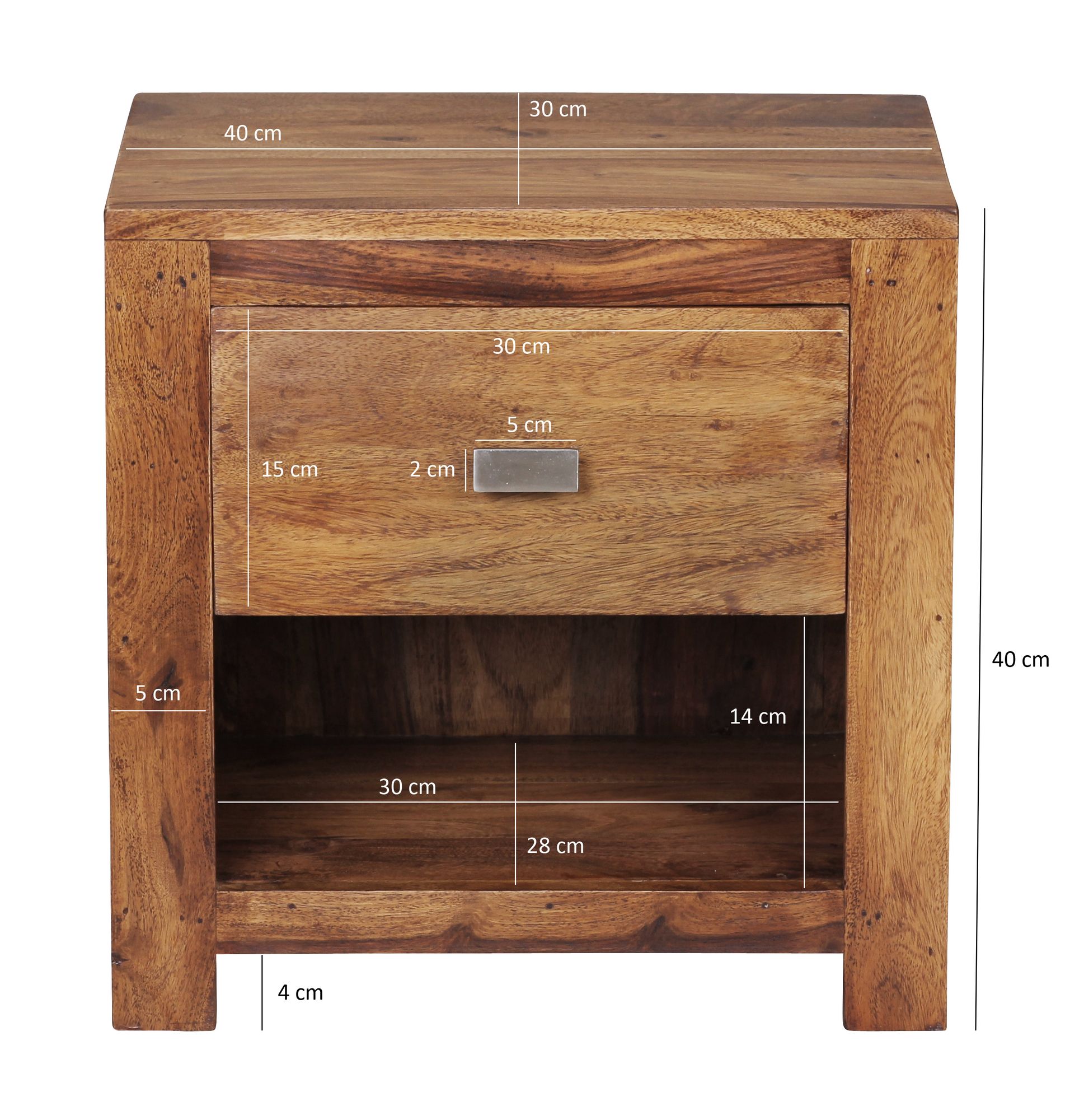 KADIMA DESIGN Rustikale Landhaus-Nachtkonsole aus massivem Sheesham-Holz, mit Ablagefläche und Schublade, eleganter chromfarbener Griff