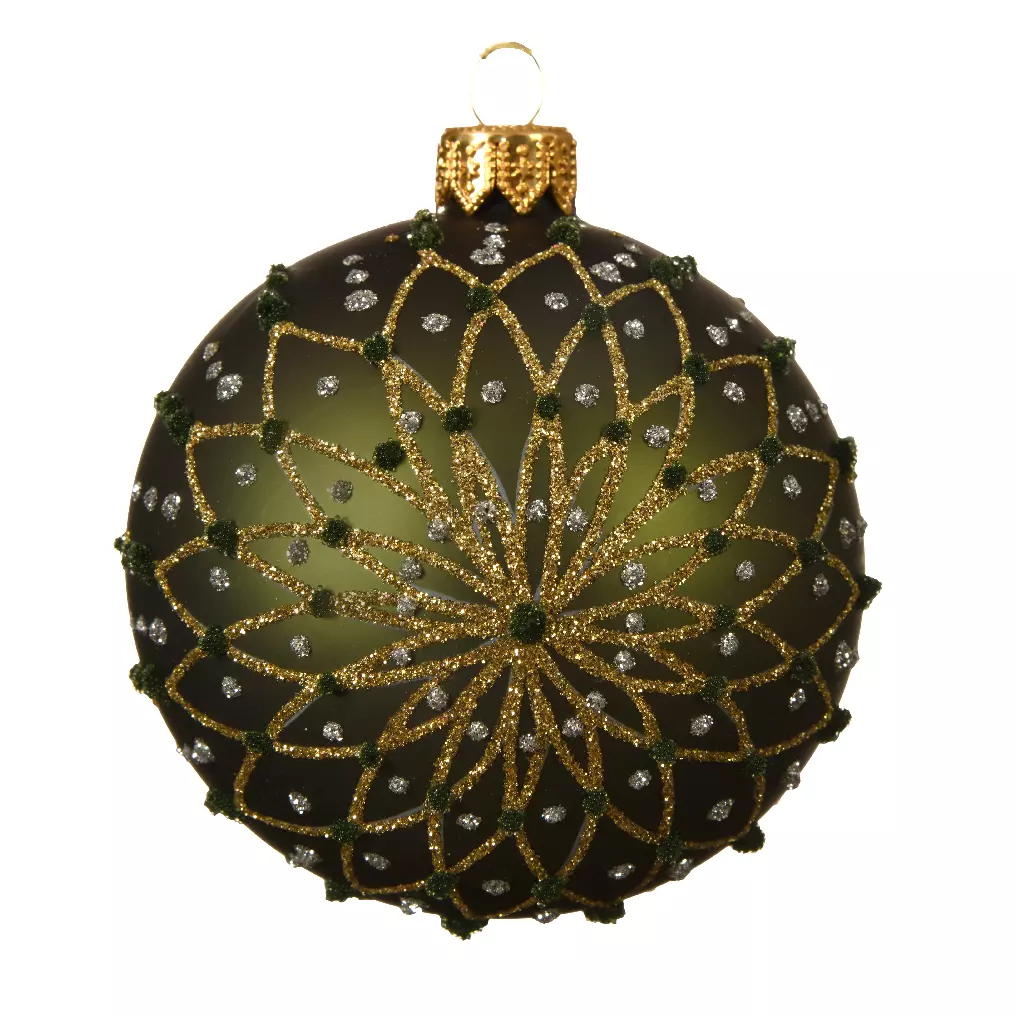 Lot de 6 boules de Noël en verre (D80 mm) Fleurs pailletées Vert sapin