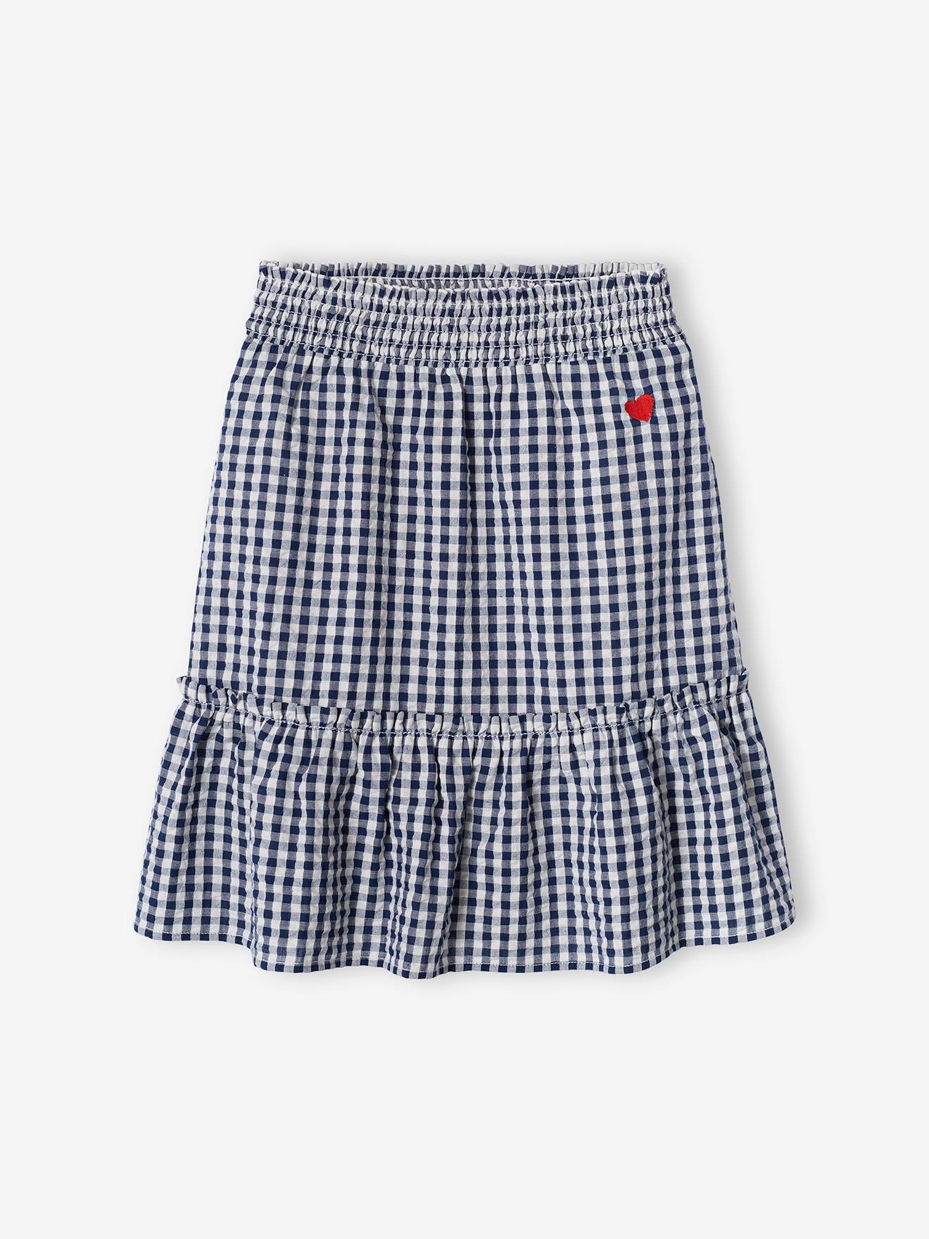 Saia longa xadrez vichy para meninas, xadrez azul marinho.