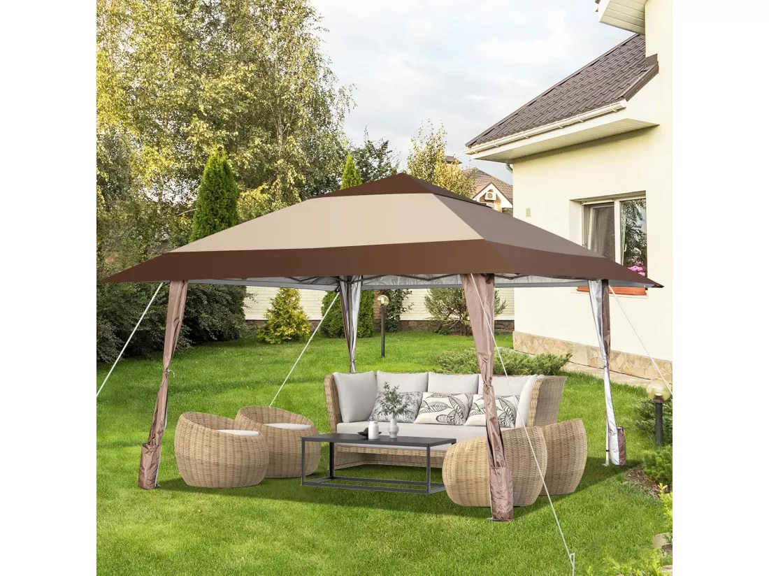 Tonnelle de Jardin Pliante 4M x 4M avec Supports en Fer et Roues/Tente de Reception Imperméable + à Hauteur 265-285CM Avant-Toits, pour 8-10 Personnes-Beige
