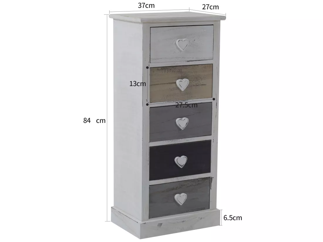 Chiffonnier Muble 5 Tiroirs Bois Blanc Beige Gris 83,5x37x27