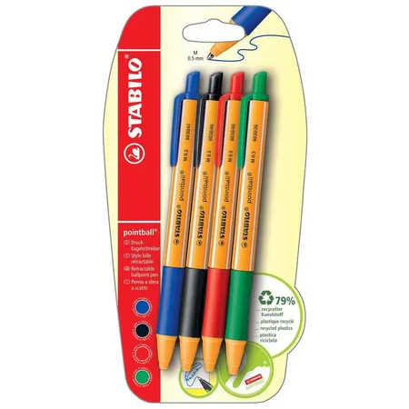 Druck-Kugelschreiber - STABILO pointball - 4er Pack - blau, schwarz, rot, grün