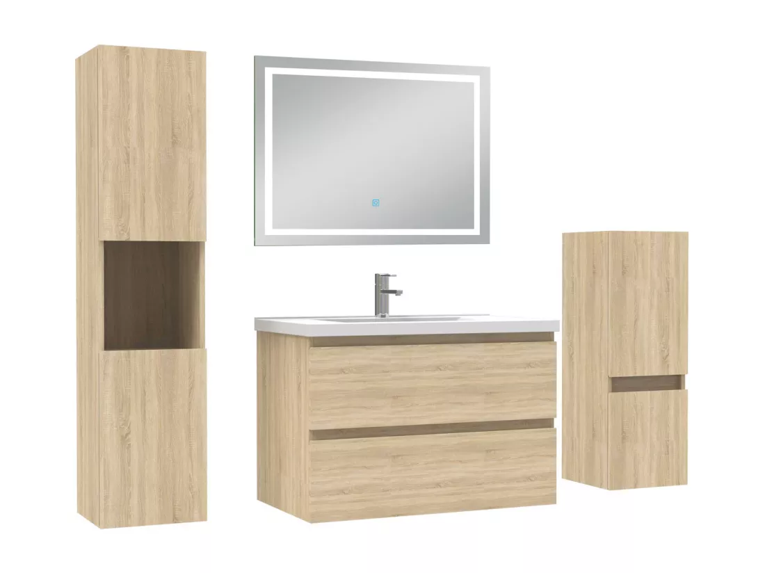 Ensemble meuble salle de Bain 80cm avec colonne et miroir mural lumineux 3 couleurs Chêne Wotan