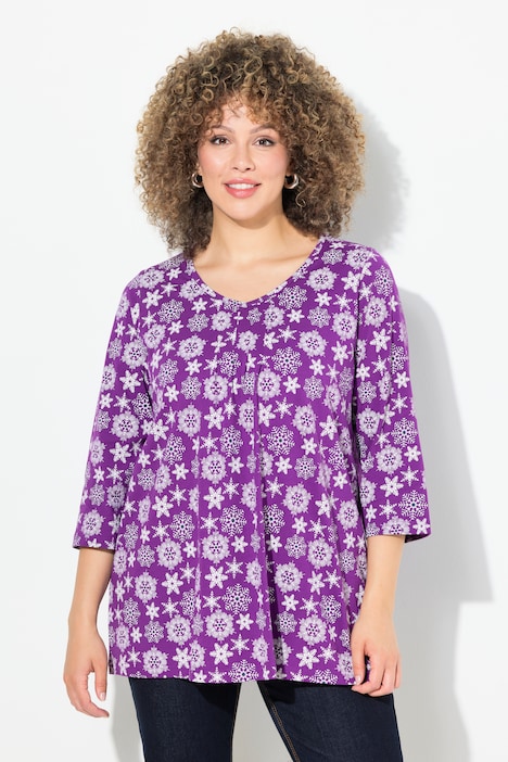Shirt, Schneeflocken, A-Linie, V-Ausschnitt, 3/4-Arm