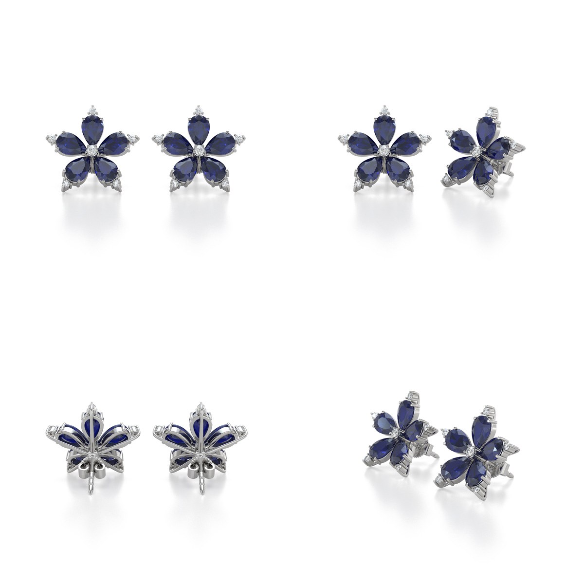 Boucles d'oreilles ADEN Fleur Saphir et Diamants sur Argent 925 4.52grs
