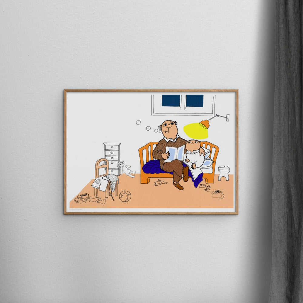 Køb Poster & Frame Alfons Åberg - Godnat Alfons - Far Læser Godnathistorie