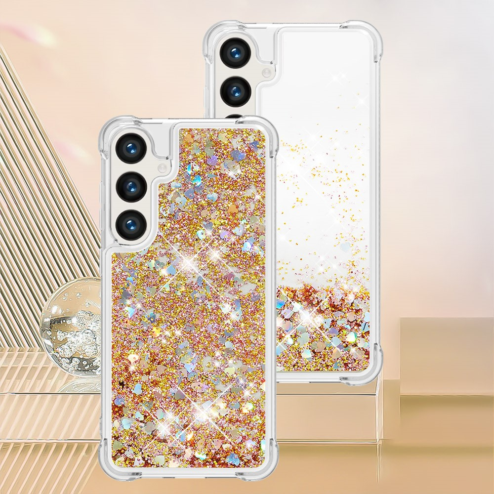 Samsung Galaxy S24 Necklace Gummi Hülle Liquid Glitzer   Handykette (130cm) - Braun / Gold