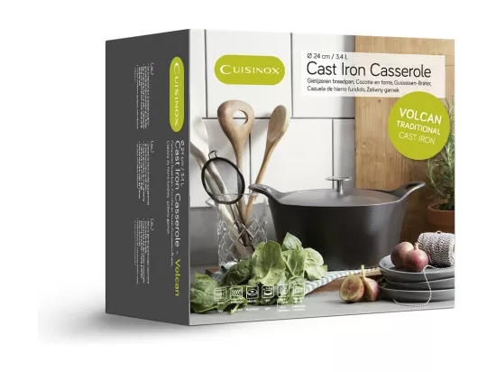 Volcan - Cocotte ronde noire 24 cm avec panier cuisson pour friture et cuisson à l'eau
