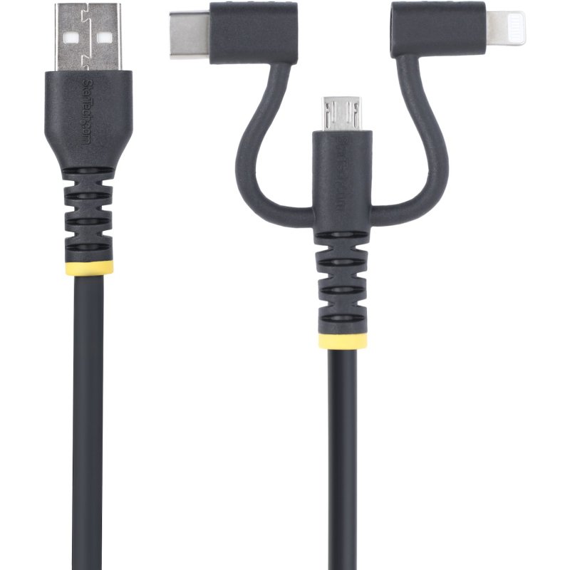 StarTech.com Câble de Charge USB de 1m Robuste, USB vers Lightning/Micro-USB/USB-C, Certifié Apple MFi, Gaine en Aramide, Cordon de Charge USB Universel 3-en-1 pour iPhone/iPad/Android