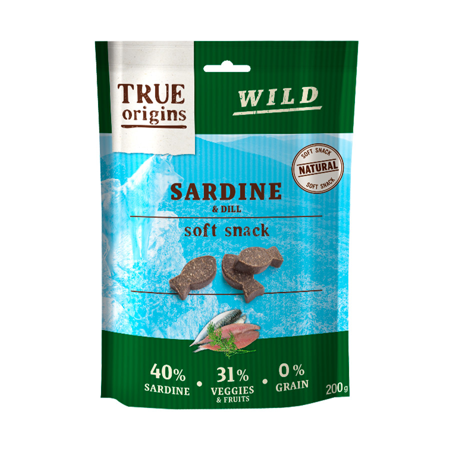 Petiscos para cães True Origins com sardinha selvagem e endro, 200g