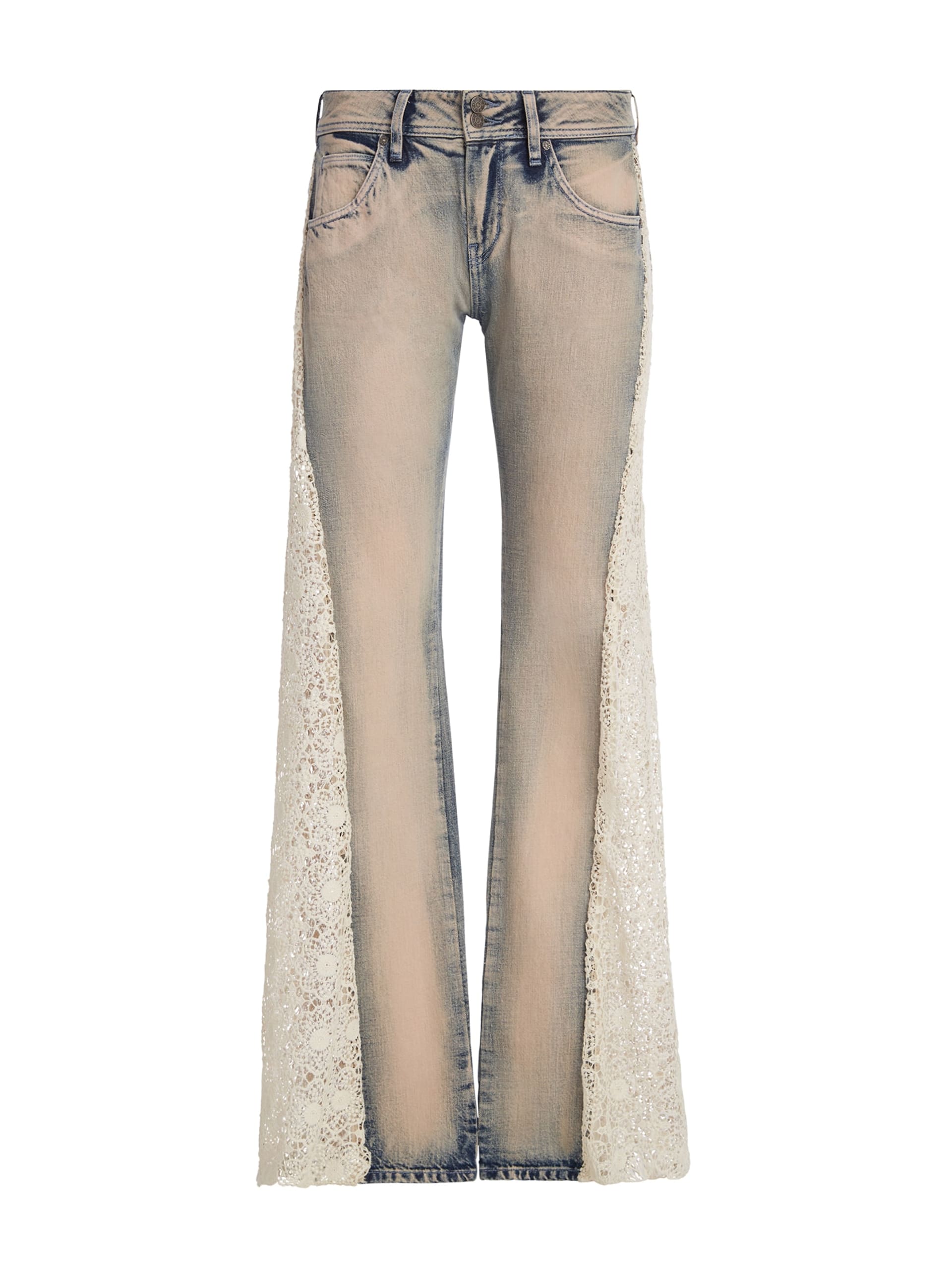 calças flare de jeans com renda
