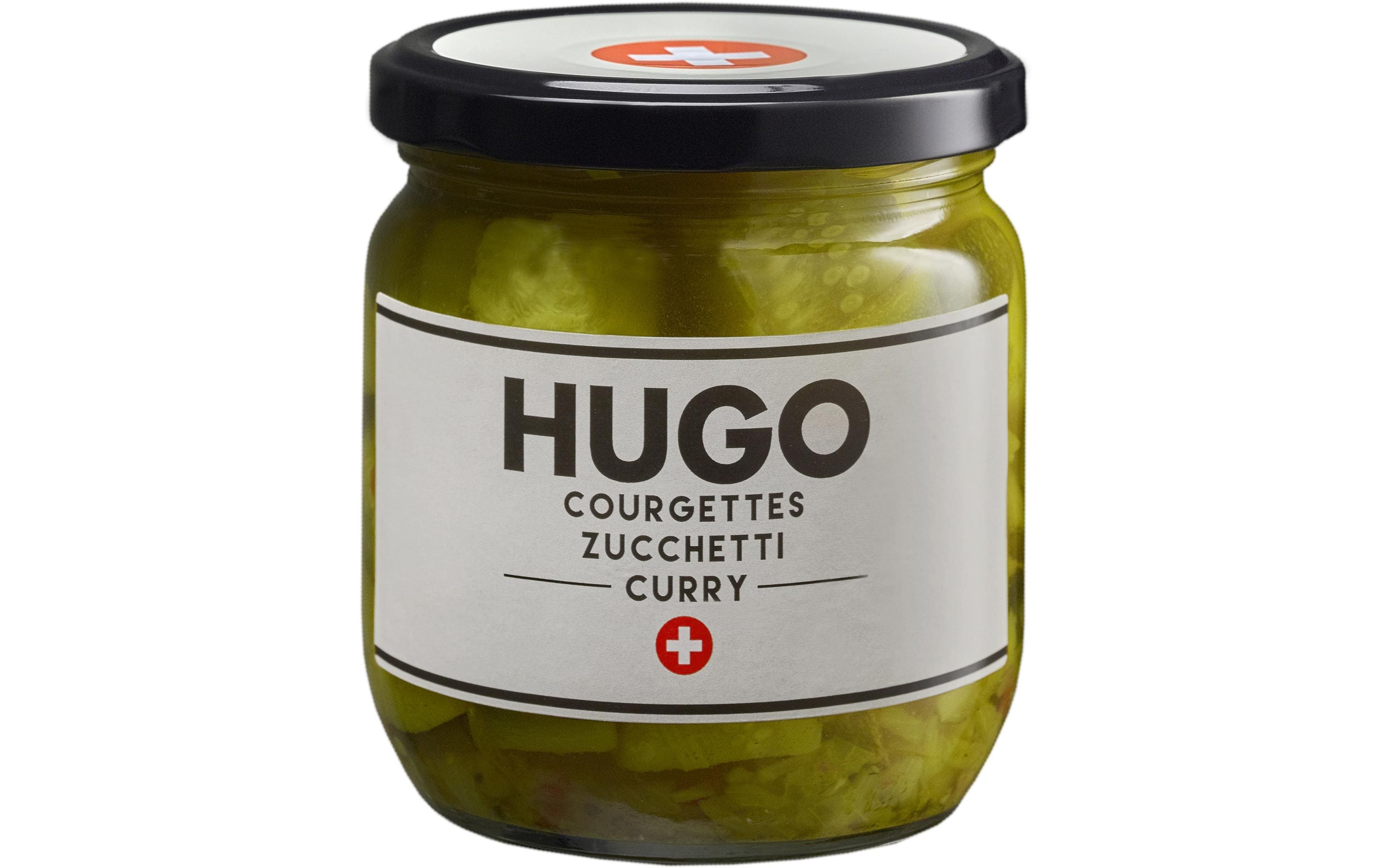 Glas Schweizer Zucchetti in Curry 210 gSchweizer Genuss aus der HUGO Pickles Reihe
