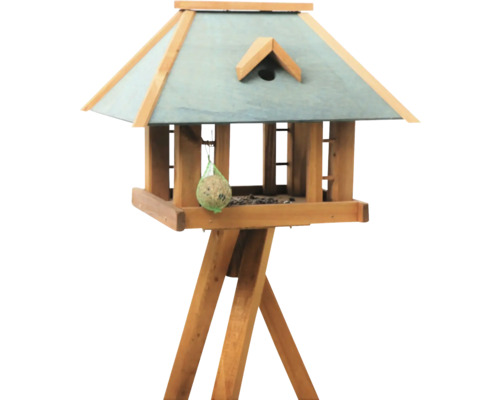 Siena tuinvoederhuisje voor groenlingen, inclusief standaard. Afmetingen: 51x36x37 cm, FSC 100% grenen. Voederhuisje, voederstation voor wilde vogels.