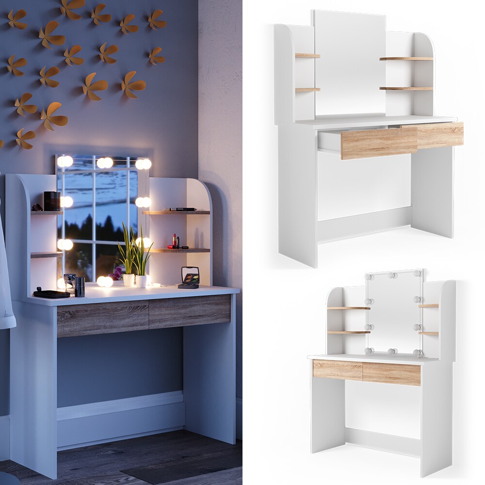 VICCO LED Schminktisch CHARLOTTE Frisiertisch Weiß Eiche Kommode Kosmetiktisch