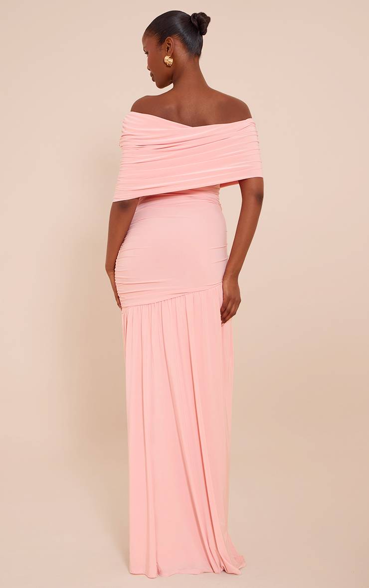 Rose Pâle Robe Longue Froncée À Double Couche Slinky Bardot Asymétrique