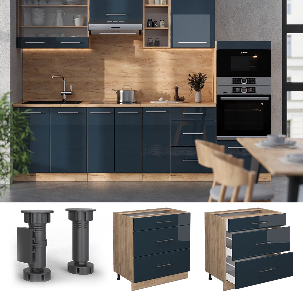 Vicco Schubladenunterschrank Fame-Line Eiche Dunkelblau Hochglanz 80 cm mit Arbeitsplatte Weiß-Marmor