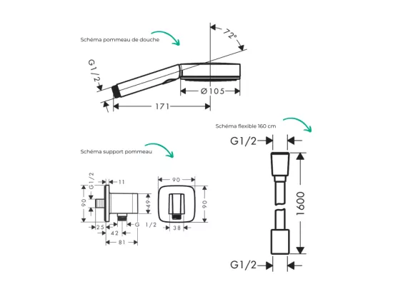 Colonne douche thermostatique HANSGROHE Ecostat Square Douche de tête Vernis Shape Flexible Designflex Douchette Pulsify chromé