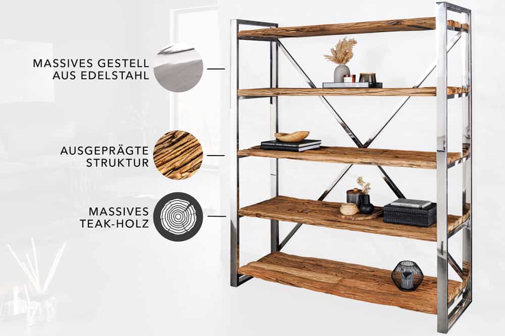 Massivholz Regal BARRACUDA 185cm braun Teakholz silber Edelstahl verchromt Bücherregal