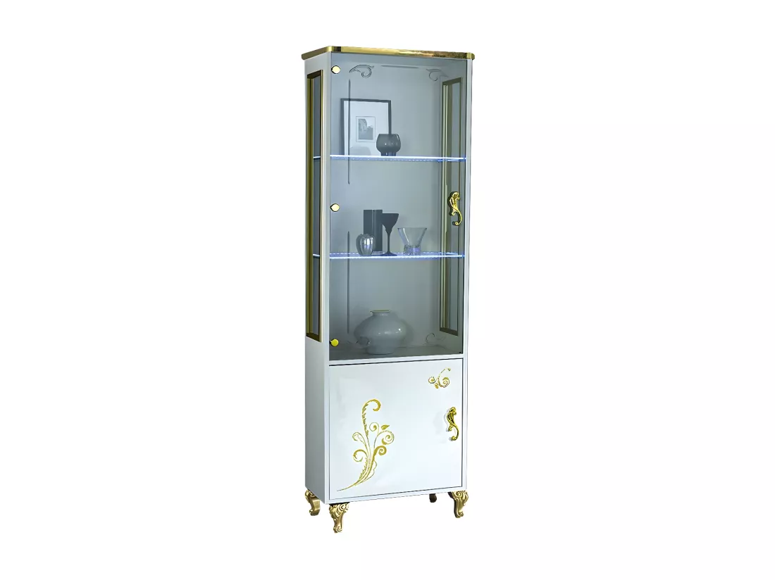 Vitrine à LED 2 portes bois vernis brillant blanc et doré Jade 60cm