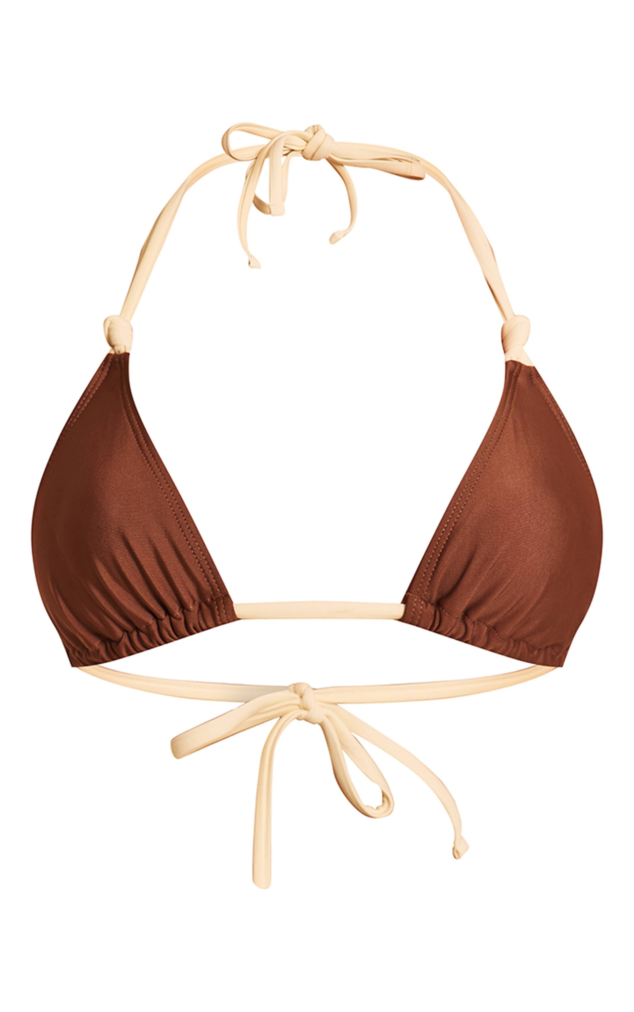 Chocolat Haut De Bikini Triangle À Nœud Avec Bordure Contrastante