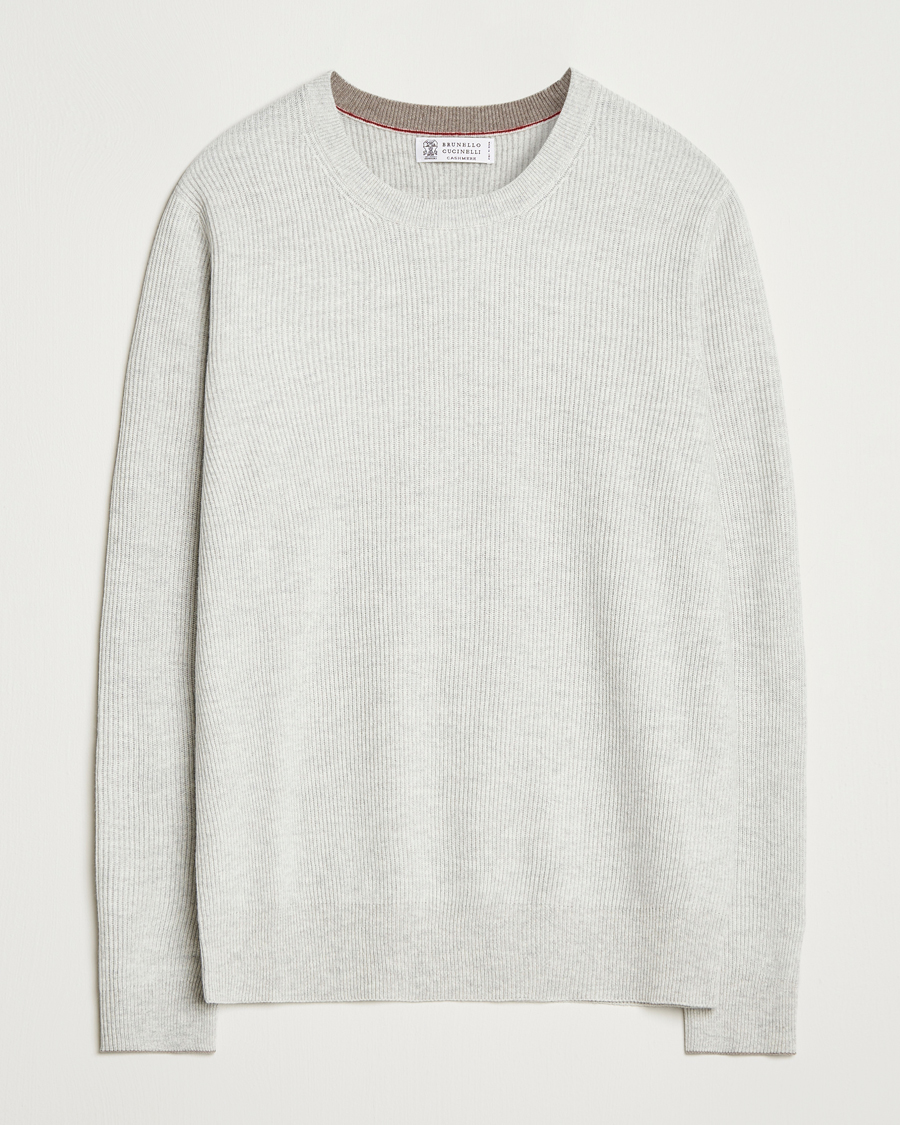 Brunello Cucinelli Cashmere Rib Crew Neck Sweater Pearl Grey