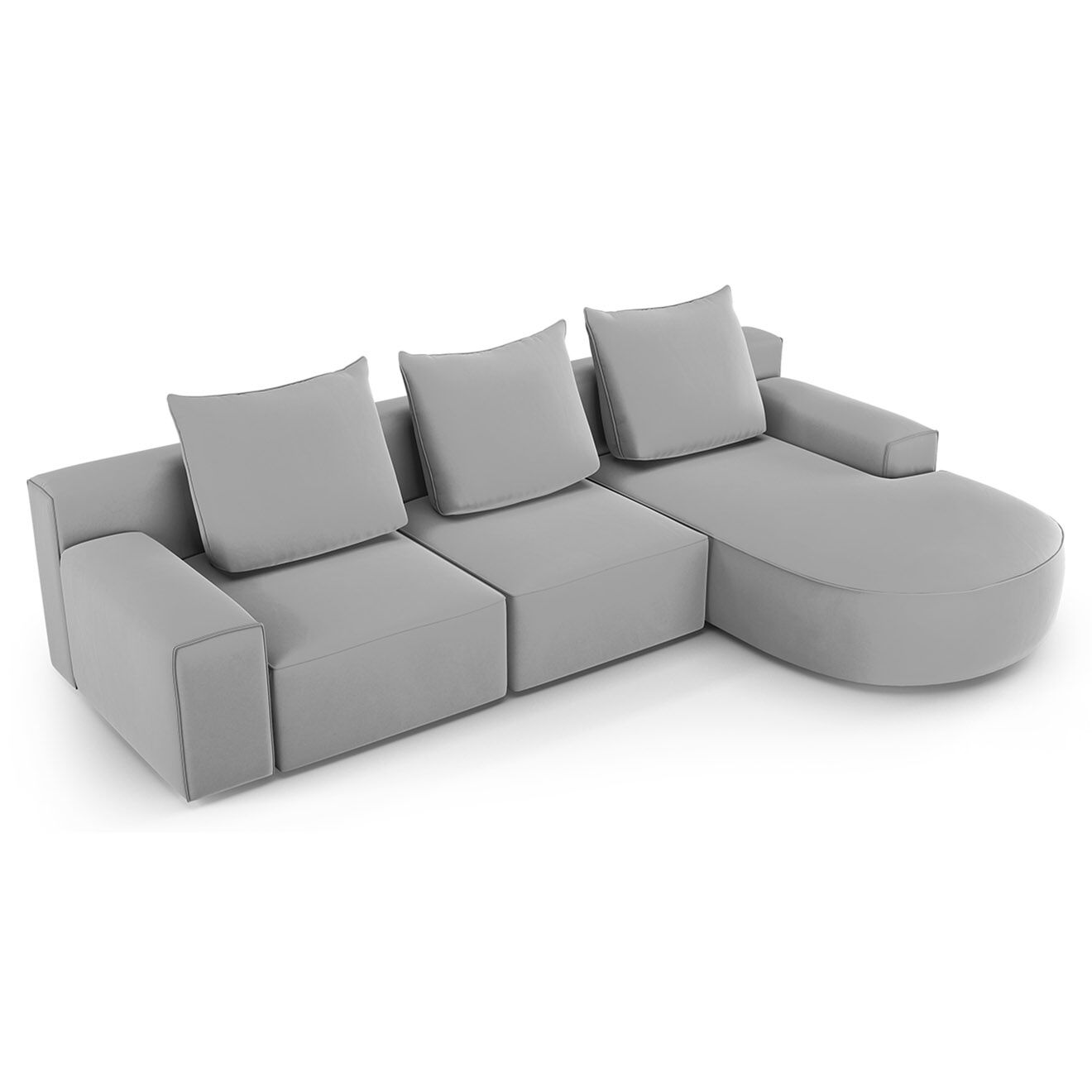 Mazzini Sofas Canapé d'angle droit arrondi en velours Ivy 5 Places gris clair - 285x180x89 cm