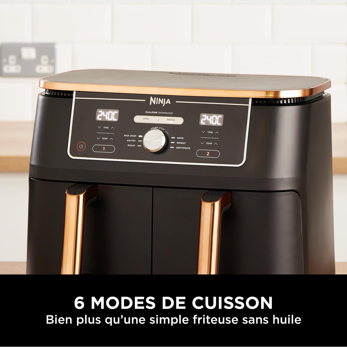NINJA Foodi MAX Dual Zone Air Fryer, 2 Tiroirs, 9,5L, 6-en-1, Sans Huile, Air Fry, Max Crisp, Rôtir, Cuire, Paniers Antiadhésifs Lavables Au Lave-Vaisselle, Cuivre/Noir AF400EUCP