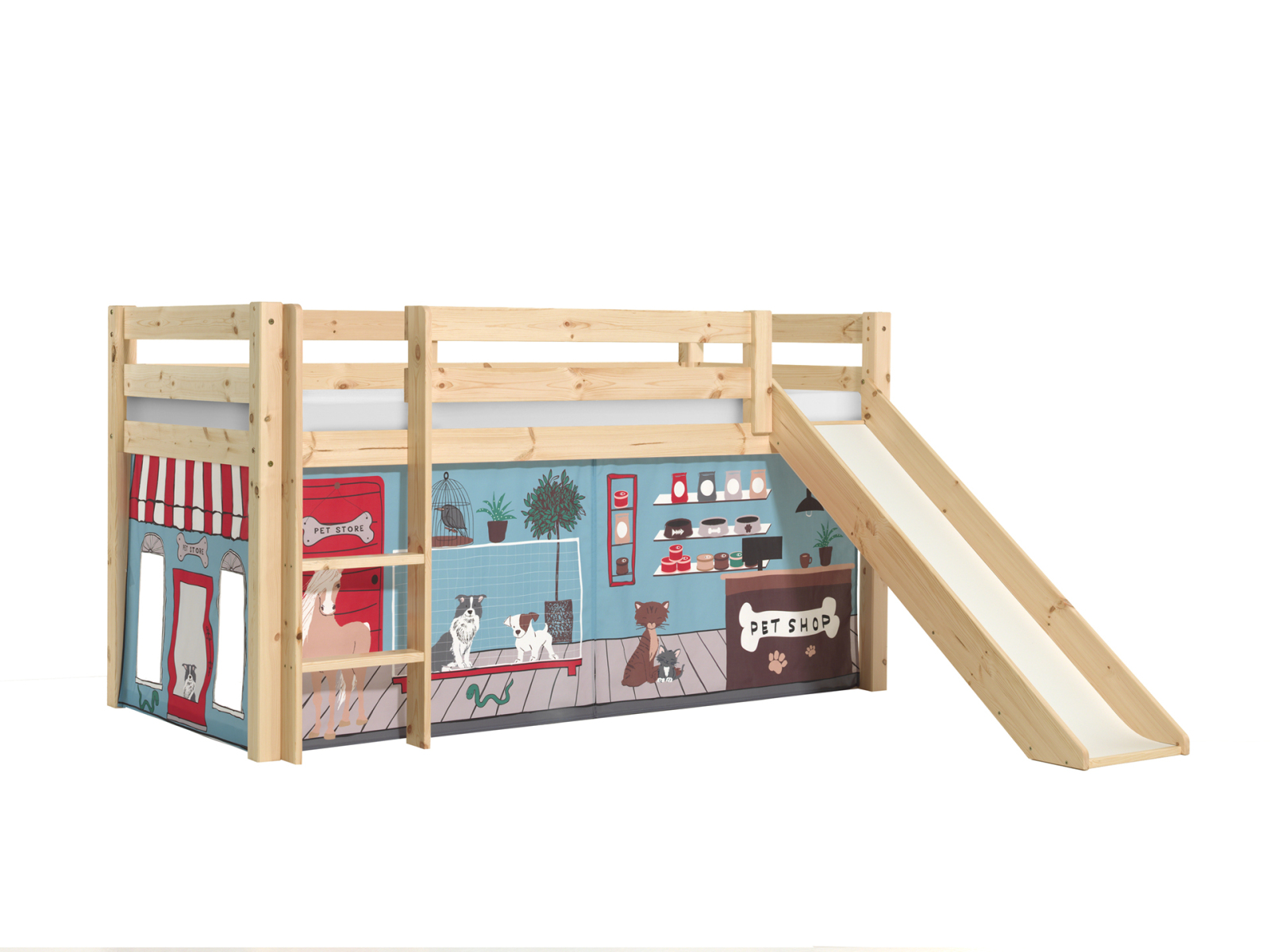 Halbhochbett PINO - PETSHOP - Kiefer natur Massivholz - mit Rutsche - 90x200 cm