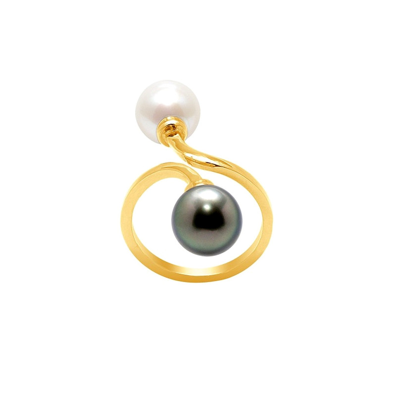 Bague Perle Blanche et Perle de Tahiti et Or jaune 750/1000